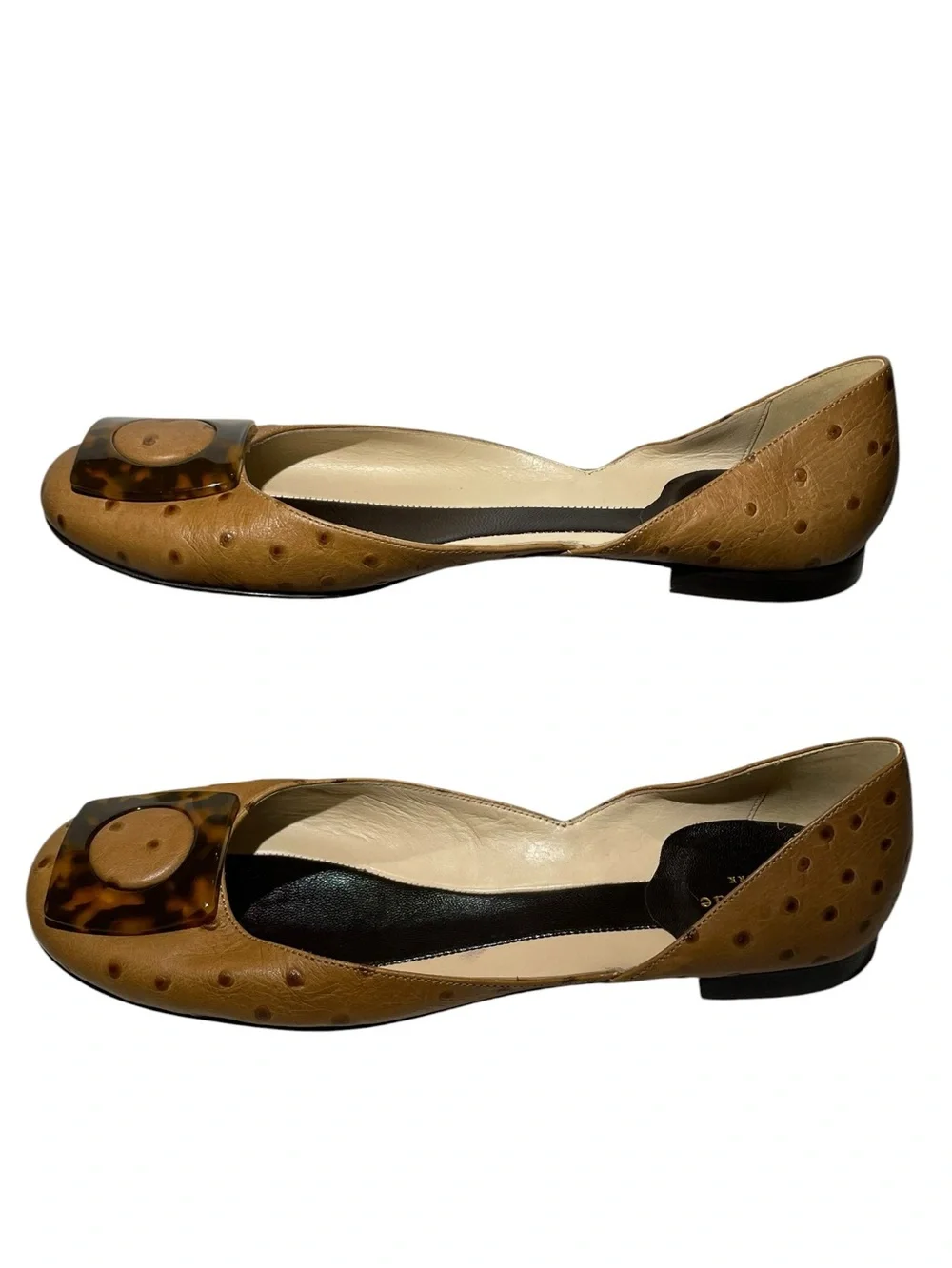 Vintage kate spade D'Orsay Fawn Leather Ostrich Flats Tortoiseshell Buckle 9.5